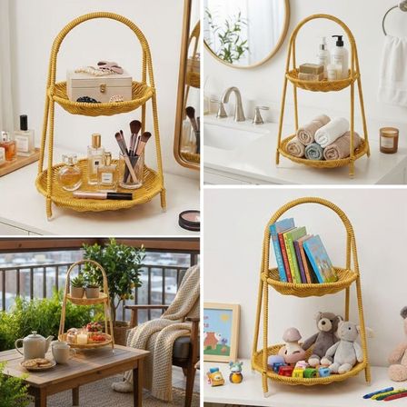Plastik Rattan İki Katlı Sunumluk–Dekoratif Organizer, Mutfak Meyve,Sebze Sepeti, Banyo Düzenleyici Raf,Masaüstü Çok Amaçlı Sunum Standı ()