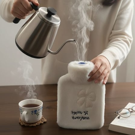 Hello Everyone Yazılı Kurdeleli Beyaz Peluş Sıcak Su Torbası  Lt – Yumuşak Kılıf, Uzun Süre Sıcak Tutan Termal Su Torbası ()