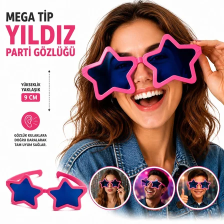 Mega Tip Yıldız Parti Gözlüğü Pembe Renk (5372)