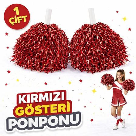 1 Çift ( 2 Adet ) Kırmızı Renk 23 Nisan 19 Mayıs 29 Ekim Okul Gösteri Ponponları Ekstra Dolgun (5372)