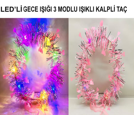 Kalp Püsküllü Gece Parıltısı 3 Modlu LED&amp;apos;li Işıklı Taç Pembe Renk (5372)
