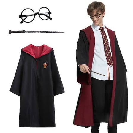 Harry Potter Gryffindor Kapişonlu Çocuk Kostüm + Asa + Gözlük Seti 7-8 Yaş (5372)