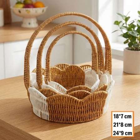 İç İçe Geçebilen 3’lü Çift Renkli Yuvarlak Dalgalı Formlu Saplı Plastik Rattan Sepet Seti – Hasır Görünümlü Çok Amaçlı Organizerler (5372)