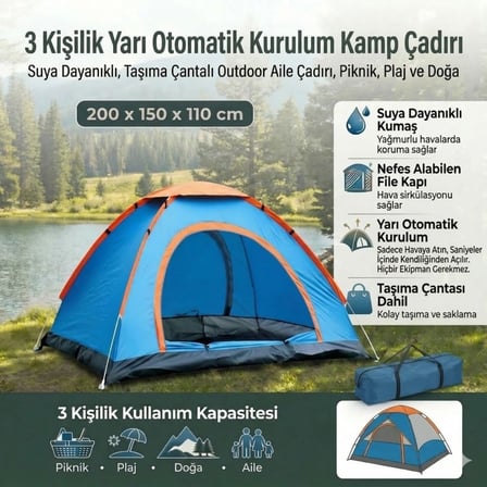 3 Kişilik Yarı Otomatik Kurulum Kamp Çadırı – Suya Dayanıklı, Taşıma Çantalı Outdoor Aile Çadırı, Piknik, Plaj ve Doğa 200x150x110 cm (5372)