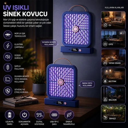 USB ŞARJLI - ELEKTRİK ÇARPMALI - DİJİTAL EKRAN ASMA APARAT - SESSİZ ÇALIŞMA UV IŞIKLI SİNEK KOVUCU HS-371 (5372)