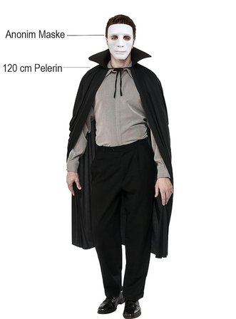 Siyah Renk Yakalı 120 cm Pelerin ve Beyaz Anonim Maske (5372)