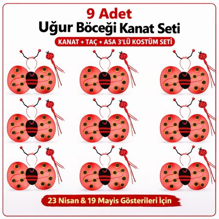 9’lu Uğur Böceği Ateş Böceği Kostüm Seti – Kanat Taç Asa (5372)