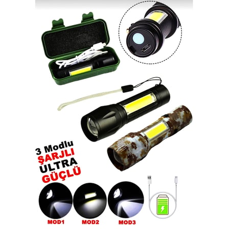 USB CHARGE 2İN13W+1W USB ŞARJLI LEDLİ POLİS EL FENERİ METAL KASA PLS.KUTU (5372)