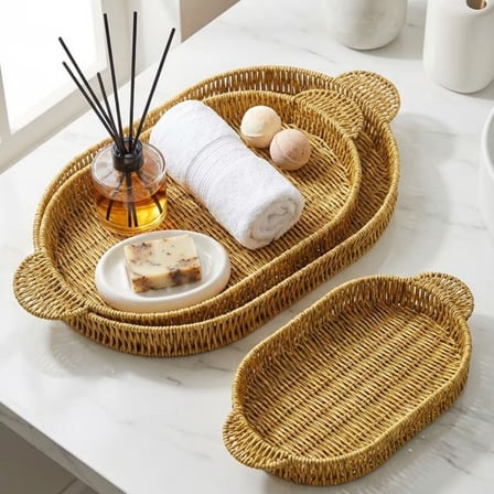 İç İçe Geçebilen 3’lü Oval Plastik Rattan Tepsi Seti–Hasır Görünümlü Çok Amaçlı Servis ve Sunum Tepsileri (5372)