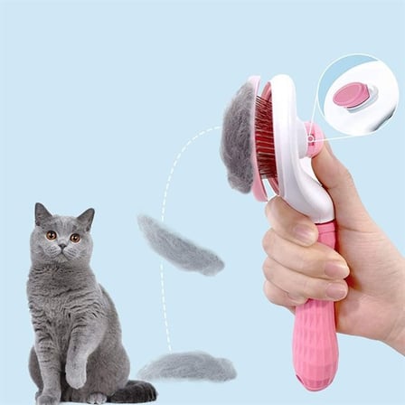 Kedi Köpek Tüy Toplayıcı Kendini Temizleyebilen Ergonomik Saplı Evcil Hayvan Tarağı Pembe (5372)