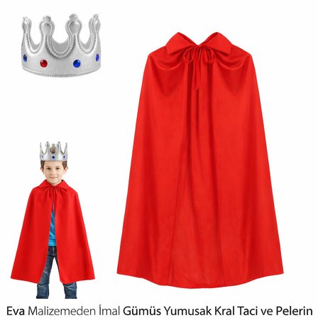 Çocuk Boy Kral Pelerini 90 cm ve Yumuşak Eva Kral Tacı Gümüş Renk (5372)