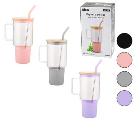 CAM 1000ML MATARA - SULUK BAMBU KAPAK - SIZDIRMAZ SİLİKONLU ÇELİK PİPET KORUYUCU SİLİKON ALTLIK - KILIF (5372)