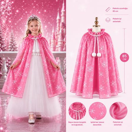 Kar Tanesi Desenli Pembe Elsa Pelerini - Astarlı Frozen Pelerini 85 cm (5372)