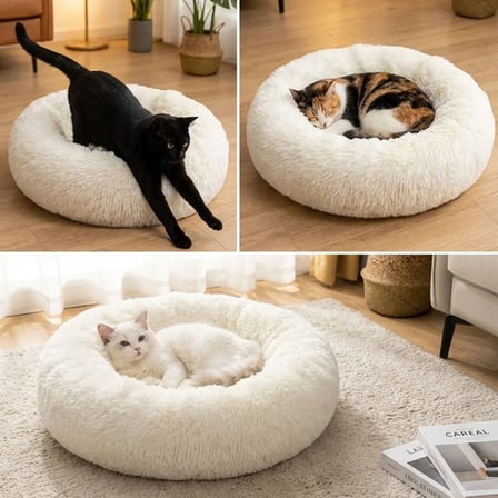 Yuvarlak Ultra Yumuşak Welsoft Peluş Kedi ve Köpek Yatağı – Kaymaz Taban Tüylü Pet Pufu,Uyku Minderi (krem) (5372)