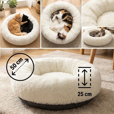 Yuvarlak Ultra Yumuşak Welsoft Peluş Kedi ve Köpek Yatağı – Kaymaz Taban Tüylü Pet Pufu,Uyku Minderi (krem) (5372)