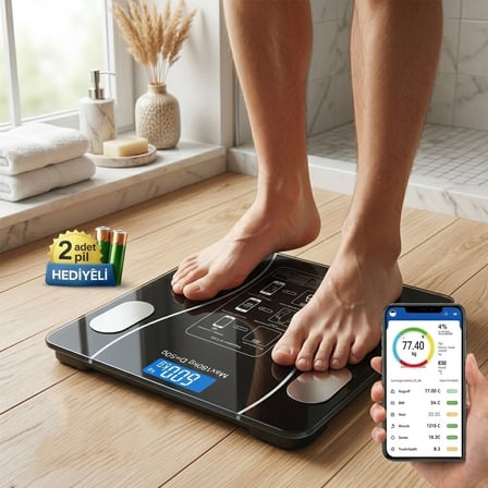 BLUETOOTH - VÜCUT ANALİZLİ DİJİTAL BASKÜL TERAZİ TARTI 180KG/50G YAĞ -SU -KAS ORAN -BMI (5372)