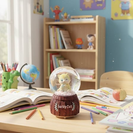 Pilli Işıklı Müzikli Kar Küresi–Şanslı Kedi Figürlü Eğlenceli Masaüstü Biblo, LED Aydınlatmalı Dekoratif Hediyelik Kar Küresi (5372)