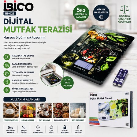CAM MUTFAK TARTISI TERAZİ LCD EKRAN 5KG/1GR PİLLİ GR/OZ/ML/IB ÖLÇÜM İ11-028 (5372)