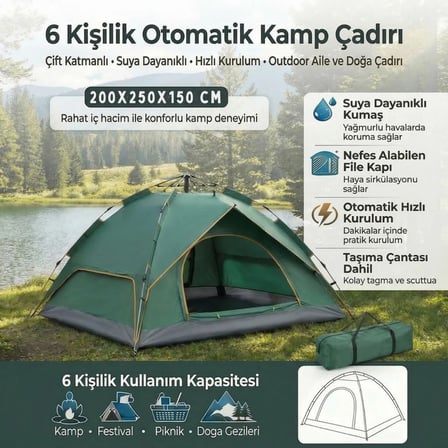  6 Kişilik Otomatik Kamp Çadırı – Çift Katmanlı, Suya Dayanıklı, Hızlı Kurulum Outdoor Aile ve Doğa Çadırı 200x250x150 cm (5372)