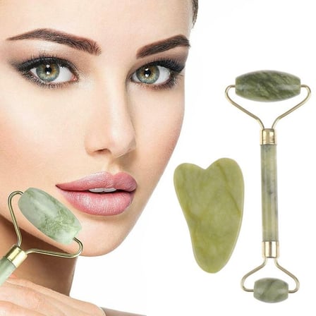 Çift Taraflı li Cilt Yüz Masaj Aleti Jade Roller Yeşim Taşı Seti ()