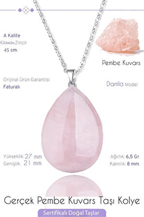 Sertifikalı Damla Model Pembe Kuvars Taşı Kolye - Açık Renk
