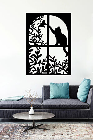 Pencere Kedi Ve Kuş Duvar Dekor Sticker 45 x 60 cm