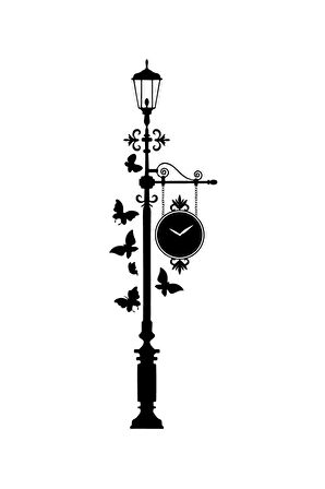 Park Lambası Kelebekler Ve Duvar Saati Duvar Dekor Sticker 35 x 120 cm
