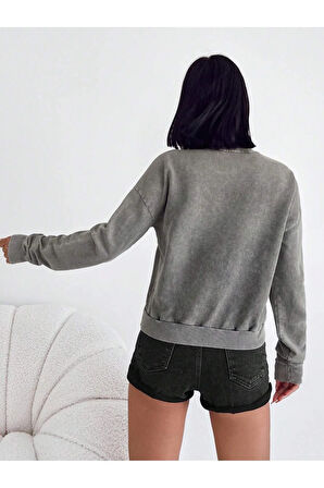 Taş Detaylı Yıkamalı Pamuklu Örme Sweatshirt ANTRASİT