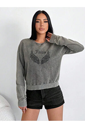 Taş Detaylı Yıkamalı Pamuklu Örme Sweatshirt ANTRASİT