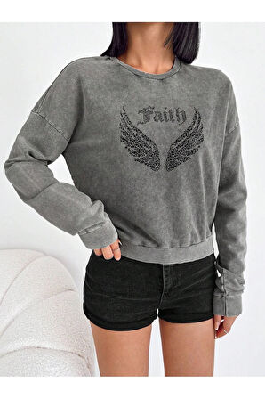 Taş Detaylı Yıkamalı Pamuklu Örme Sweatshirt ANTRASİT