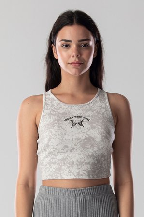 Halter Yaka Atlet Crop Slogan Baskılı Pamuklu Fitilli Örme Kaşkorse Likralı Top