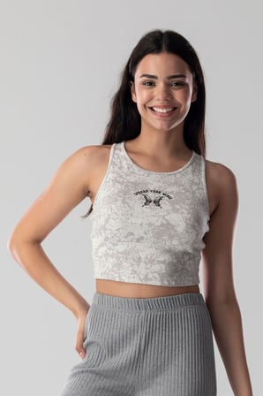 Halter Yaka Atlet Crop Slogan Baskılı Pamuklu Fitilli Örme Kaşkorse Likralı Top
