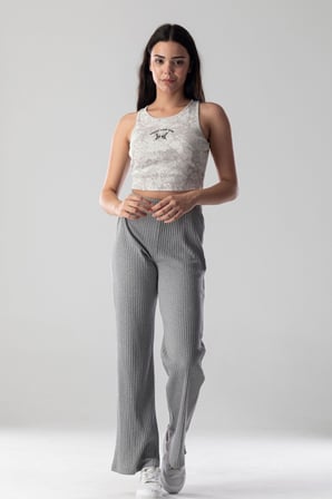 Halter Yaka Atlet Crop Slogan Baskılı Pamuklu Fitilli Örme Kaşkorse Likralı Top