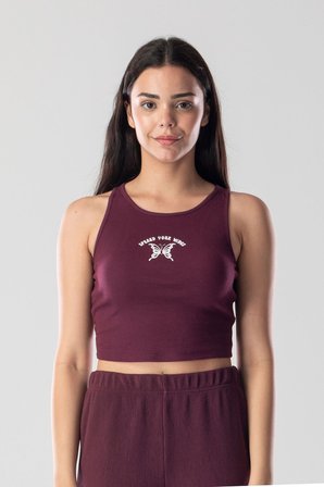 Halter Yaka Atlet Crop Slogan Baskılı Pamuklu Fitilli Örme Kaşkorse Likralı Top