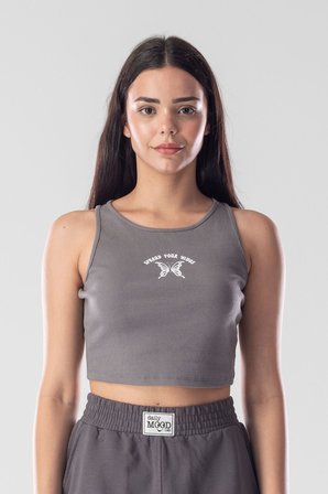 Halter Yaka Atlet Crop Slogan Baskılı Pamuklu Fitilli Örme Kaşkorse Likralı Top
