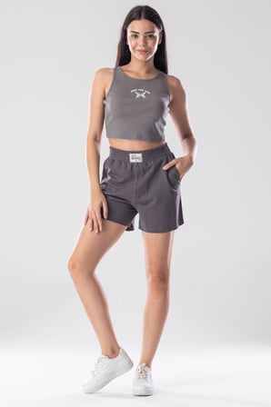 Halter Yaka Atlet Crop Slogan Baskılı Pamuklu Fitilli Örme Kaşkorse Likralı Top