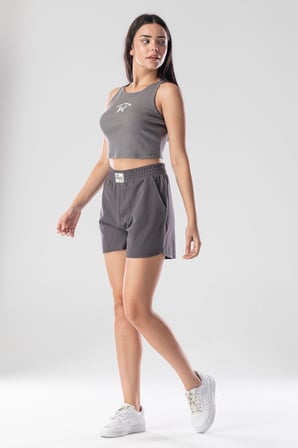 Halter Yaka Atlet Crop Slogan Baskılı Pamuklu Fitilli Örme Kaşkorse Likralı Top