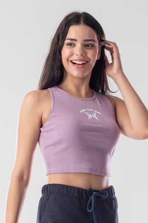Halter Yaka Atlet Crop Slogan Baskılı Pamuklu Fitilli Örme Kaşkorse Likralı Top