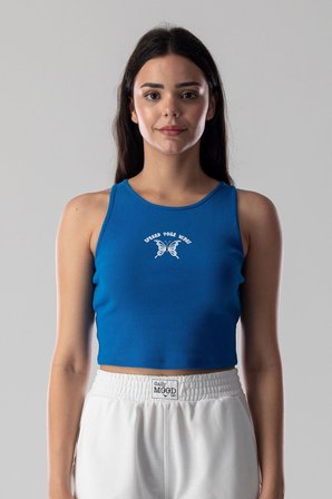 Halter Yaka Atlet Crop Slogan Baskılı Pamuklu Fitilli Örme Kaşkorse Likralı Top