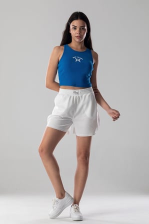 Halter Yaka Atlet Crop Slogan Baskılı Pamuklu Fitilli Örme Kaşkorse Likralı Top