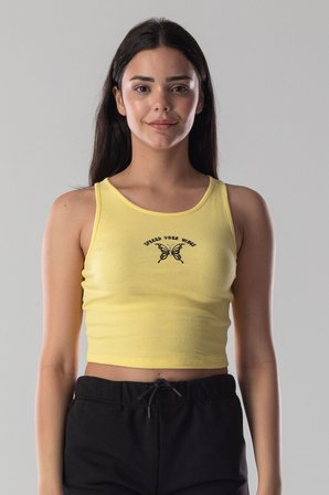 Halter Yaka Atlet Crop Slogan Baskılı Pamuklu Fitilli Örme Kaşkorse Likralı Top