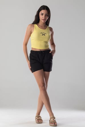 Halter Yaka Atlet Crop Slogan Baskılı Pamuklu Fitilli Örme Kaşkorse Likralı Top
