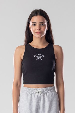Halter Yaka Atlet Crop Slogan Baskılı Pamuklu Fitilli Örme Kaşkorse Likralı Top