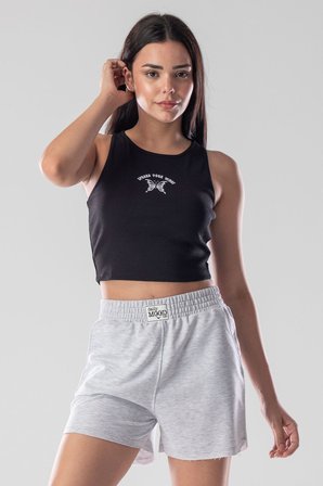Halter Yaka Atlet Crop Slogan Baskılı Pamuklu Fitilli Örme Kaşkorse Likralı Top