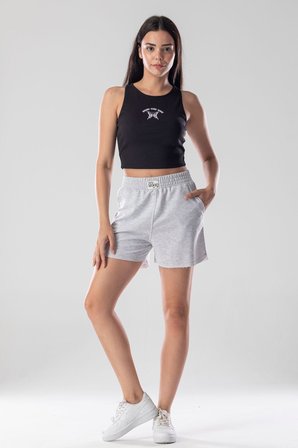 Halter Yaka Atlet Crop Slogan Baskılı Pamuklu Fitilli Örme Kaşkorse Likralı Top