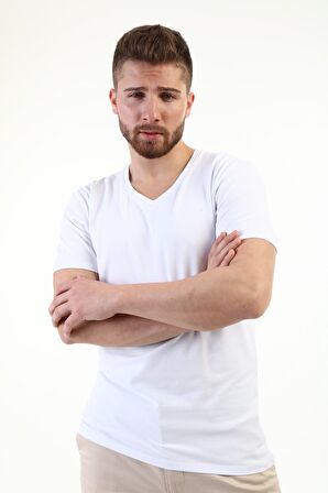 V Yaka kısa Kol Penye t-shirt