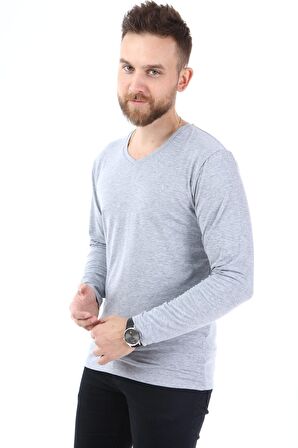 V Yaka Uzun Kol Penye T-Shırt