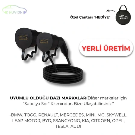 Elektrikli Araç 10 Metre Type2 22kW AC Şarj Kablosu Seti - Tüm Modellerle Uyumlu - Özel Çantası Hediye