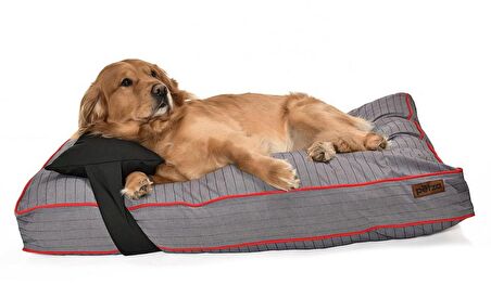 Petza Üstü Açık - Yastıklı Fermuarlı Gri - Kırmızı Büyük - Orta Irk Köpek Yatağı