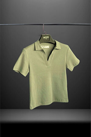 Kadın Polo Yaka Fitilli Kaşkorse Kısa Kollu Tişört